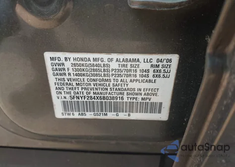 2006 Honda Pilot Ex z USA, uszkodzony, nr VIN 5FNYF284X6B038916